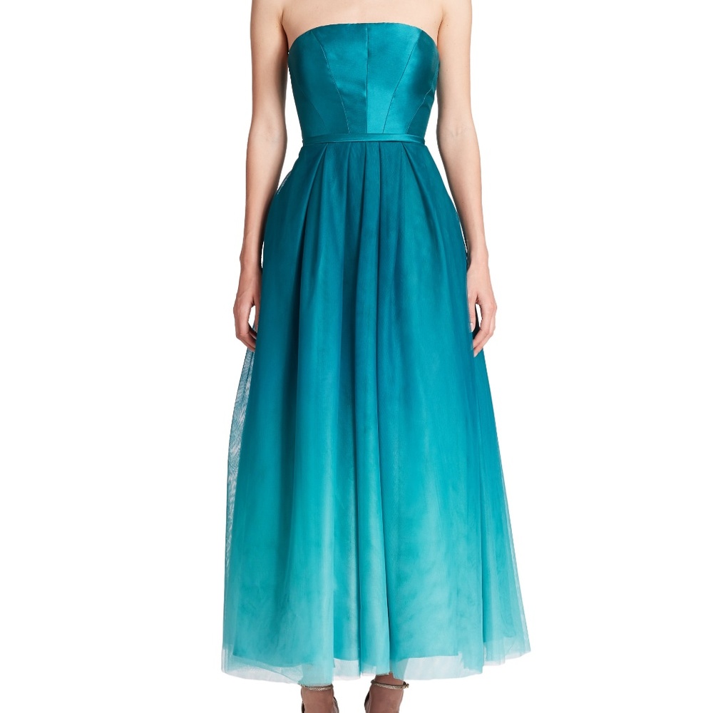 Monique Lhuillier Teal Ombre Midi Dress (Size 0)